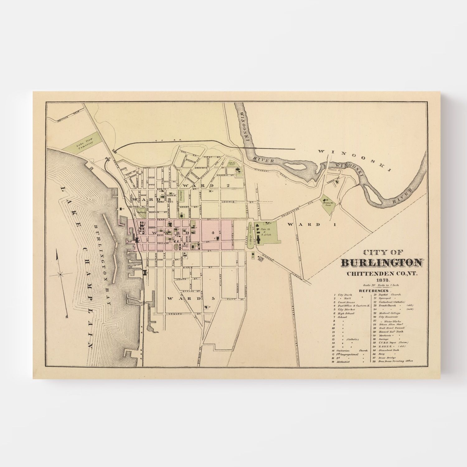 Vintage Map of Burlington, Vermont 1873