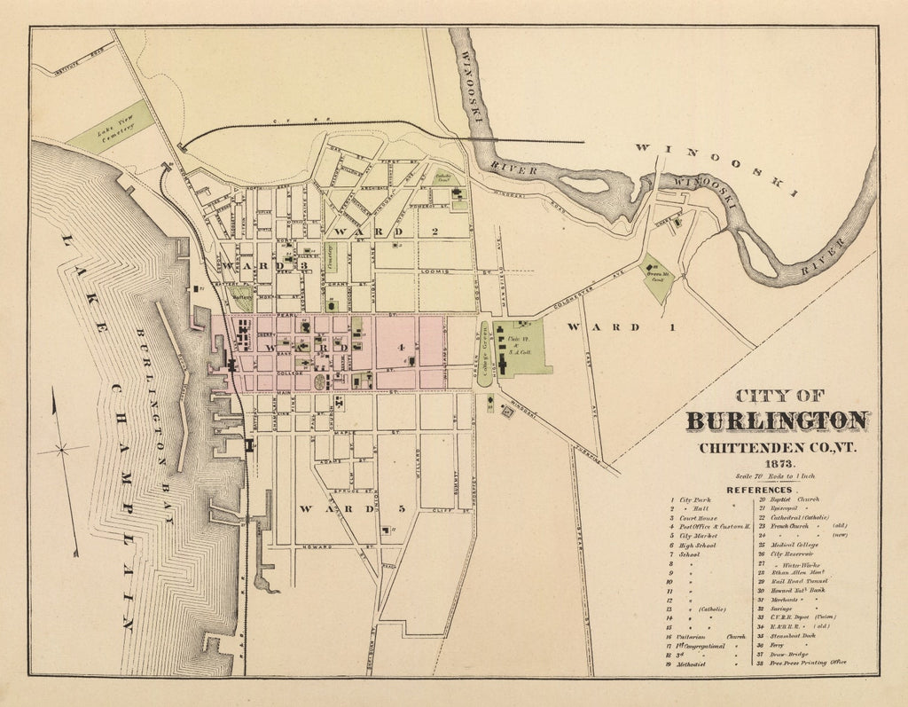 Vintage Map of Burlington, Vermont 1873