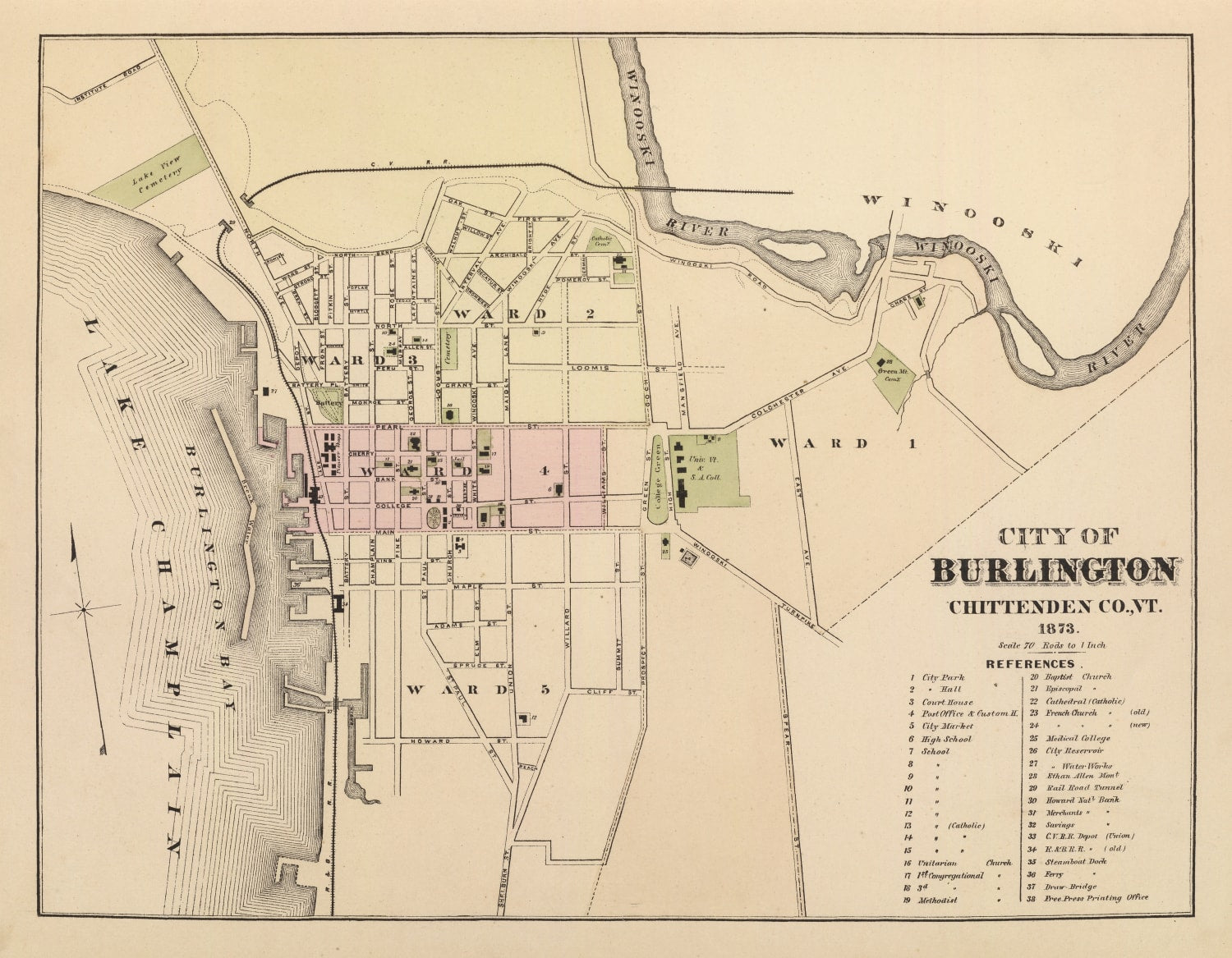 Vintage Map of Burlington, Vermont 1873