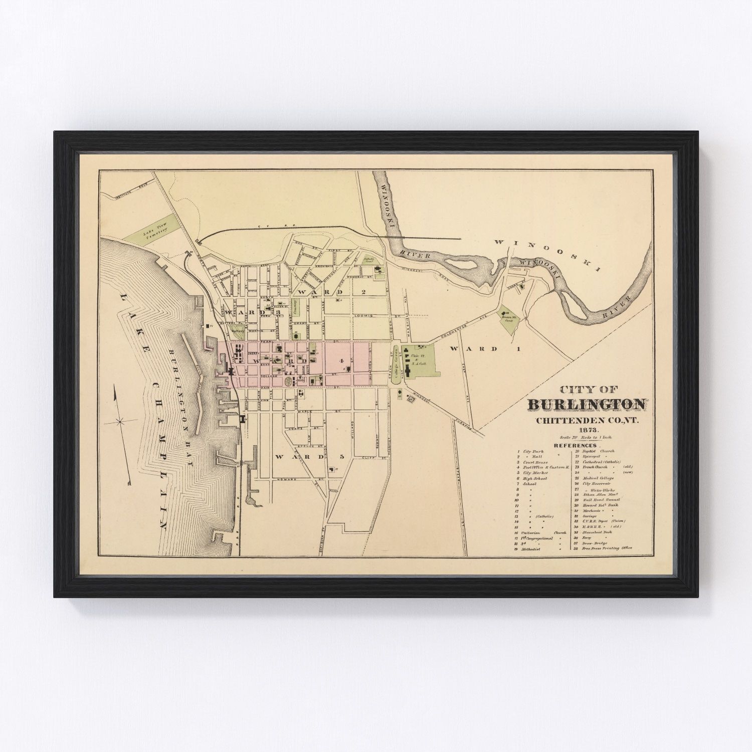 Vintage Map of Burlington, Vermont 1873