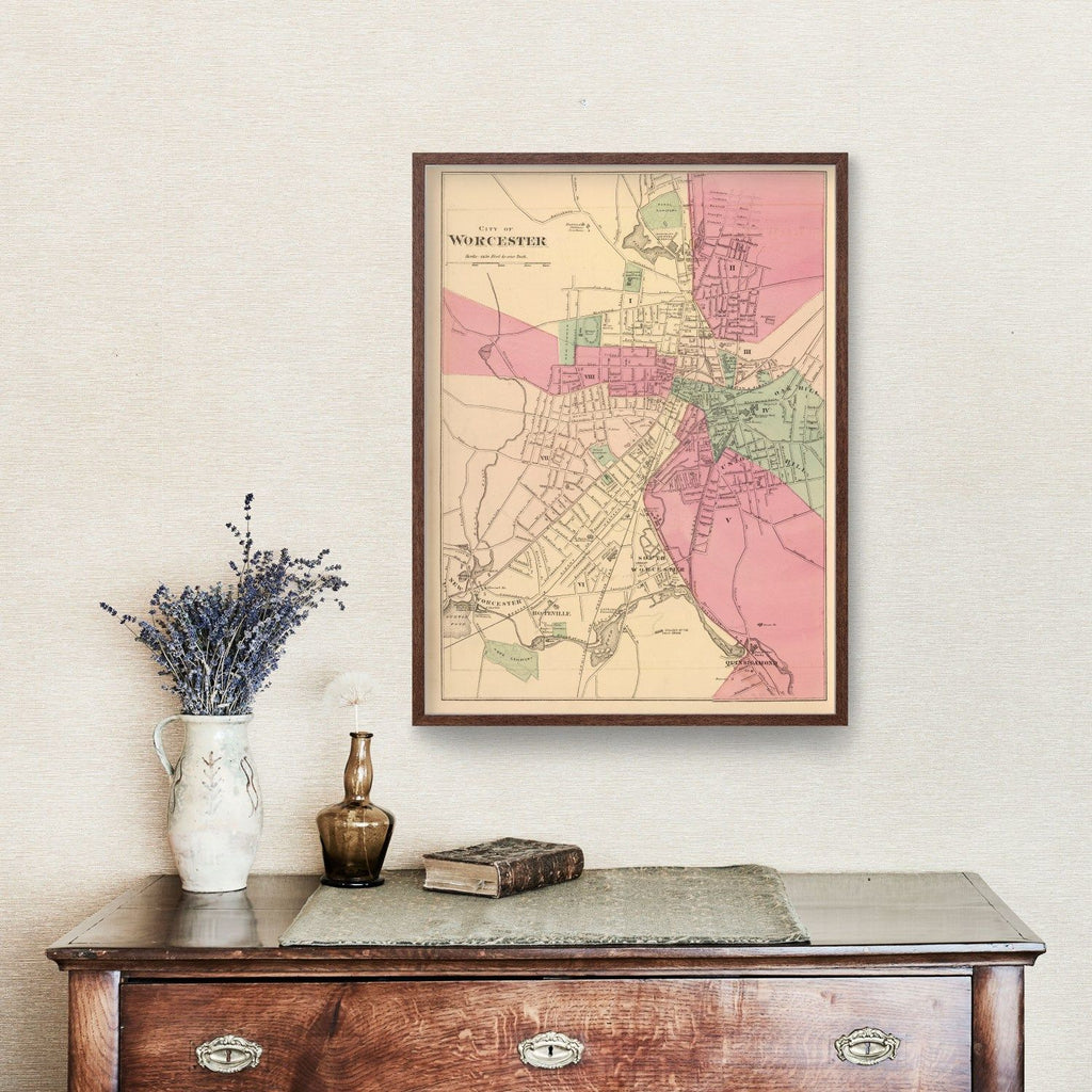 Vintage Map of Worcester, Massachusetts 1871