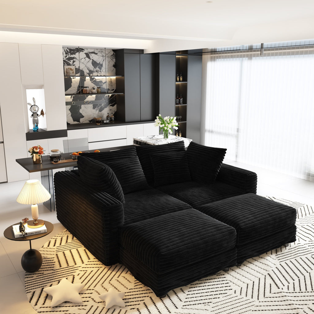 104.3 ' Plush Corduroy 4-Seat Sofa, Modern Comfy Upholstered Sofa Cloud Couch, Deep Seat Couches with Soft Pillows and 2 Ottomans, Convertible Sofa Lounge Chair, for Living Room,Apartment,Office,Black
