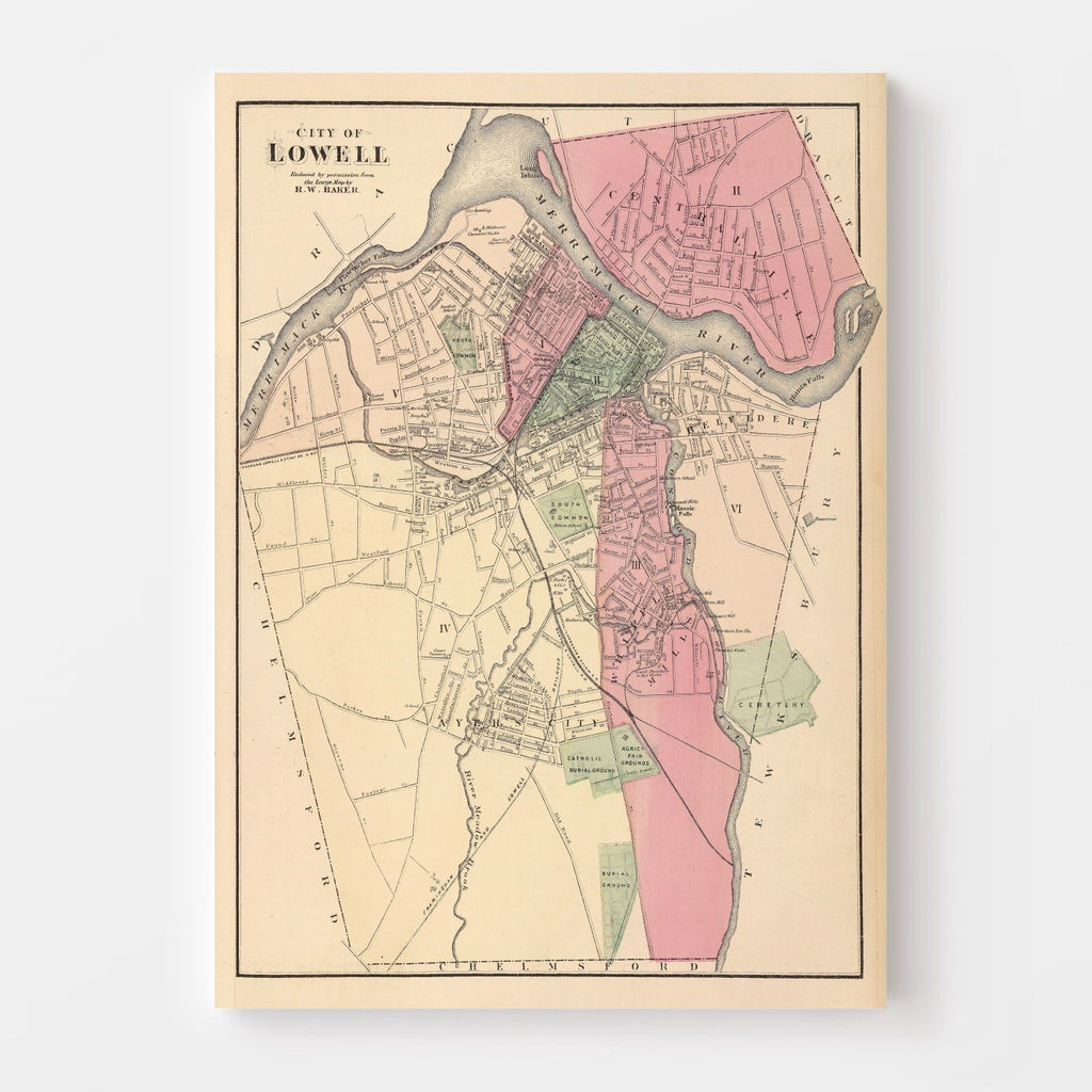 Vintage Map of Lowell, Massachusetts 1871