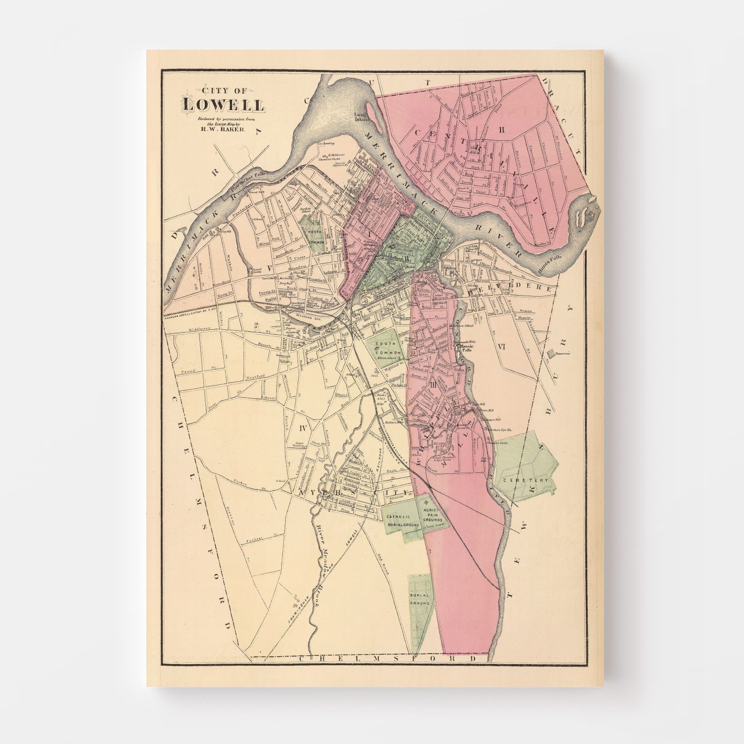 Vintage Map of Lowell, Massachusetts 1871