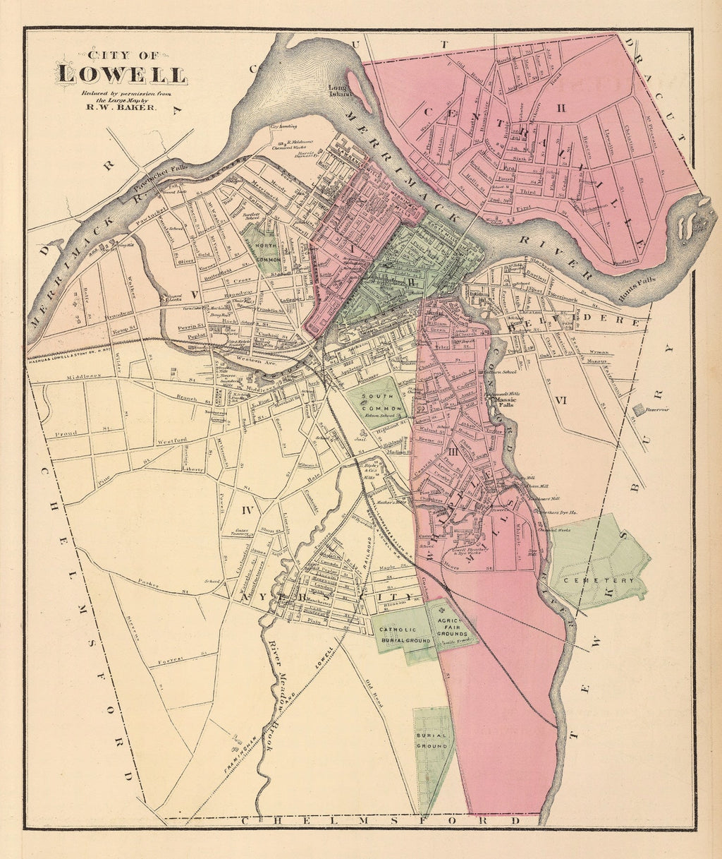 Vintage Map of Lowell, Massachusetts 1871