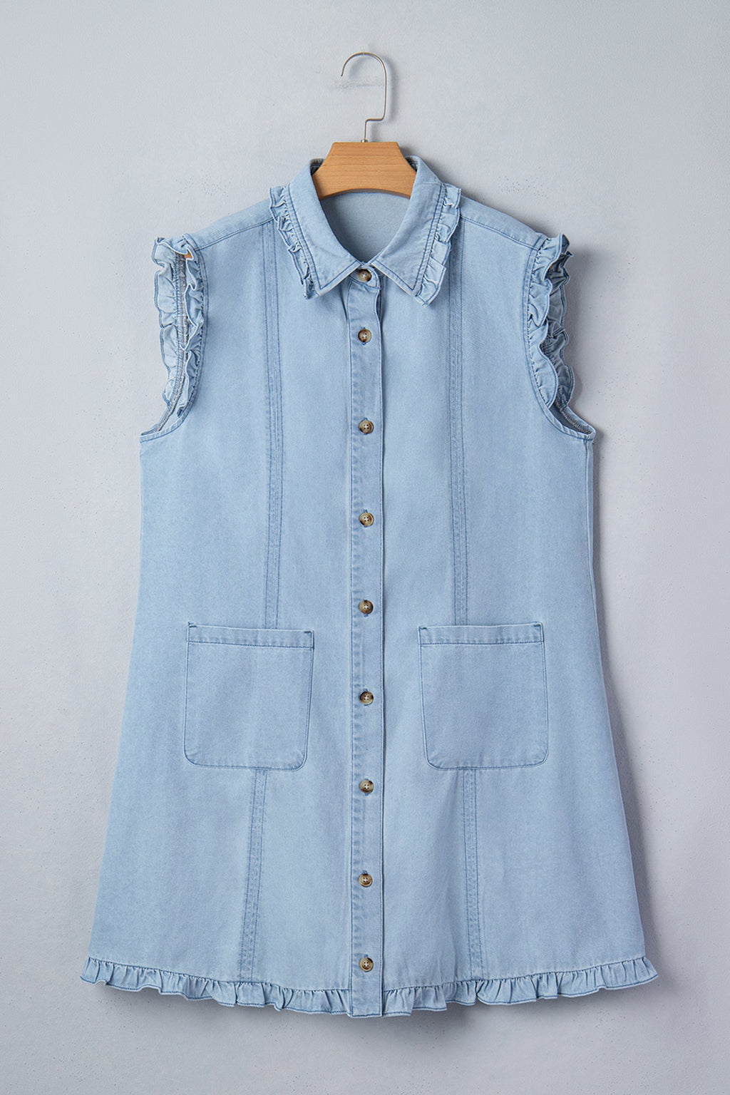 Denim Ruffle Edge Collared Button Up Dress