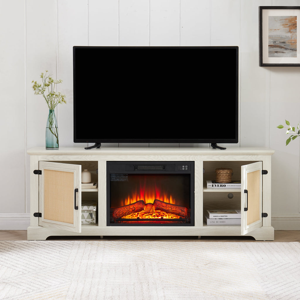 Natural Rattan Door Cabinet with Adjustable Shelf Wood, Farmhouse Rattan TV Stand Console Table for TVs up to 70 Inches, Storage tv stand with 23' fireplace insert, 65'W*15.55'D*23.86'H, White