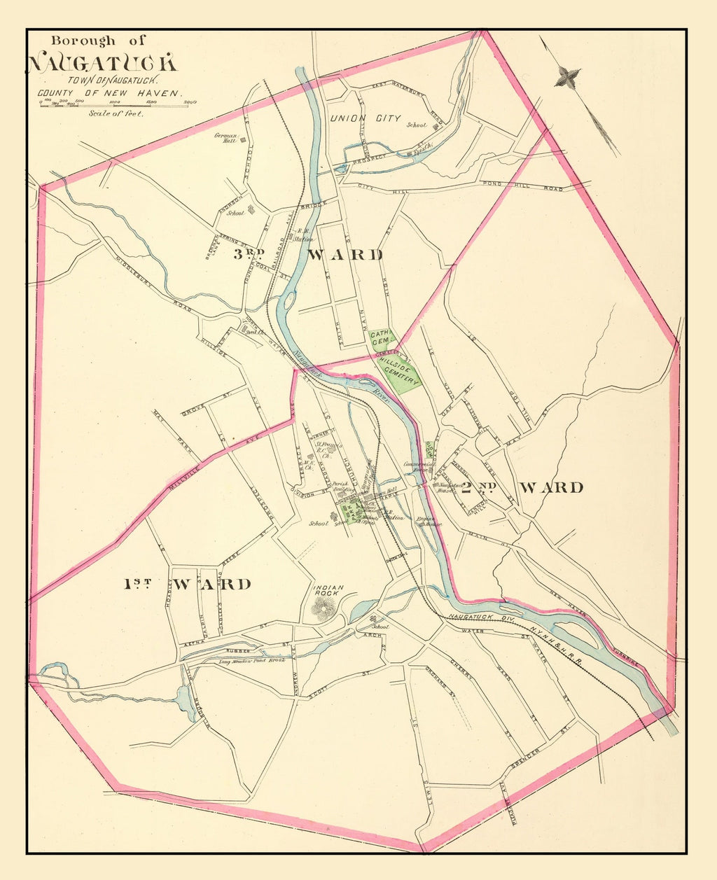 Vintage Map of Naugatuck, Connecticut 1893