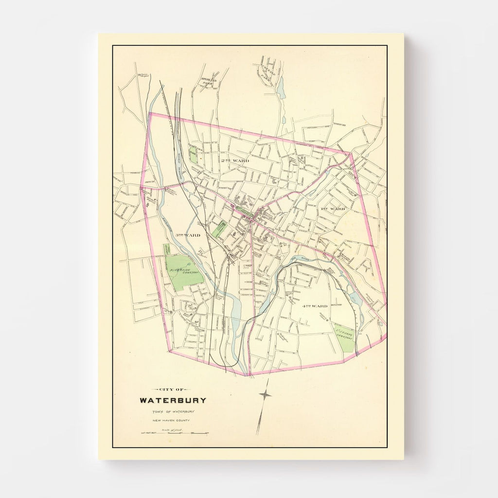 Vintage Map of Waterbury, Connecticut 1893