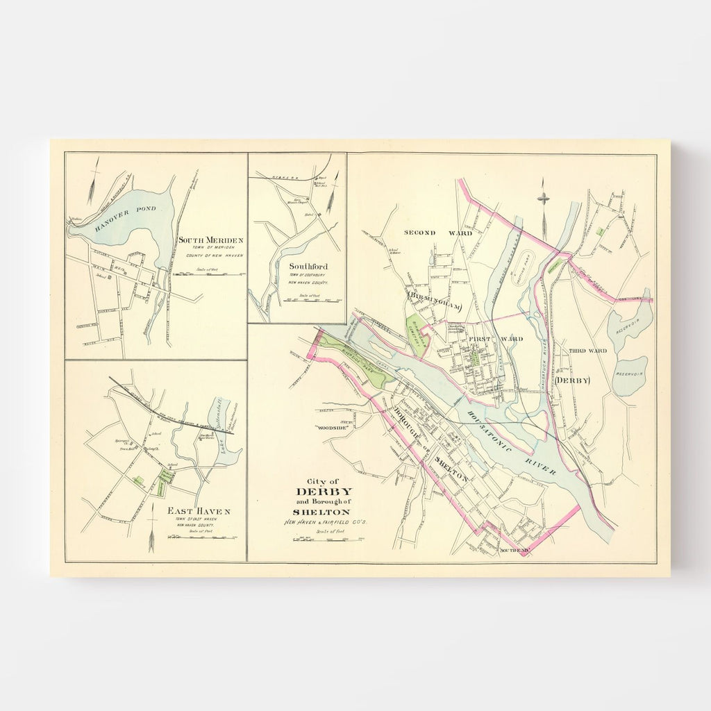 Vintage Map of Derby, Connecticut 1893