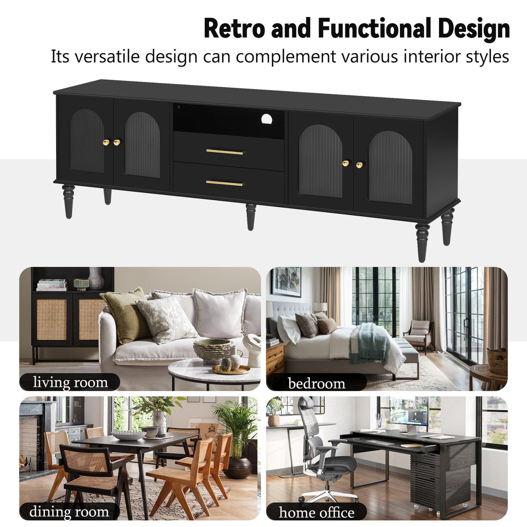 U-Can 68.9'' Retro TV Stand for TVs up to 75 Inches, Entertainment Center Media Console with Fluted Glass Doors and Five Solid Wood Legs for Living room(OLD SKU:N724P198468B)