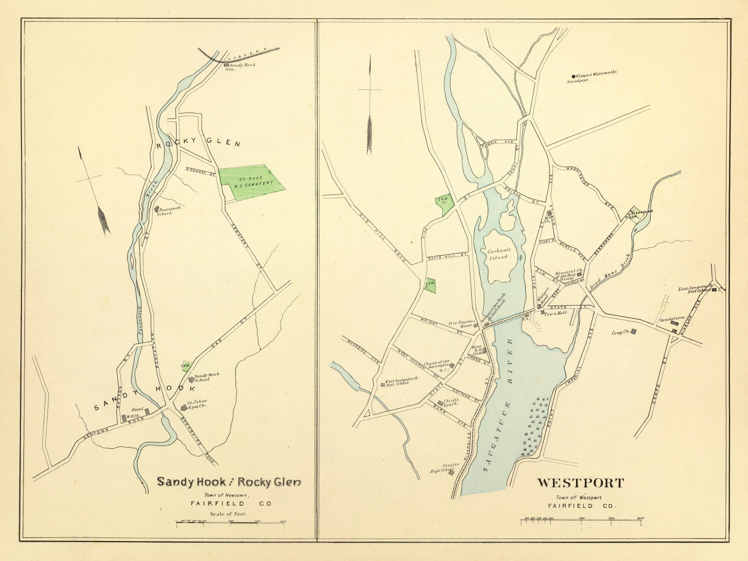Vintage Map of Sandy Hook, Connecticut 1893