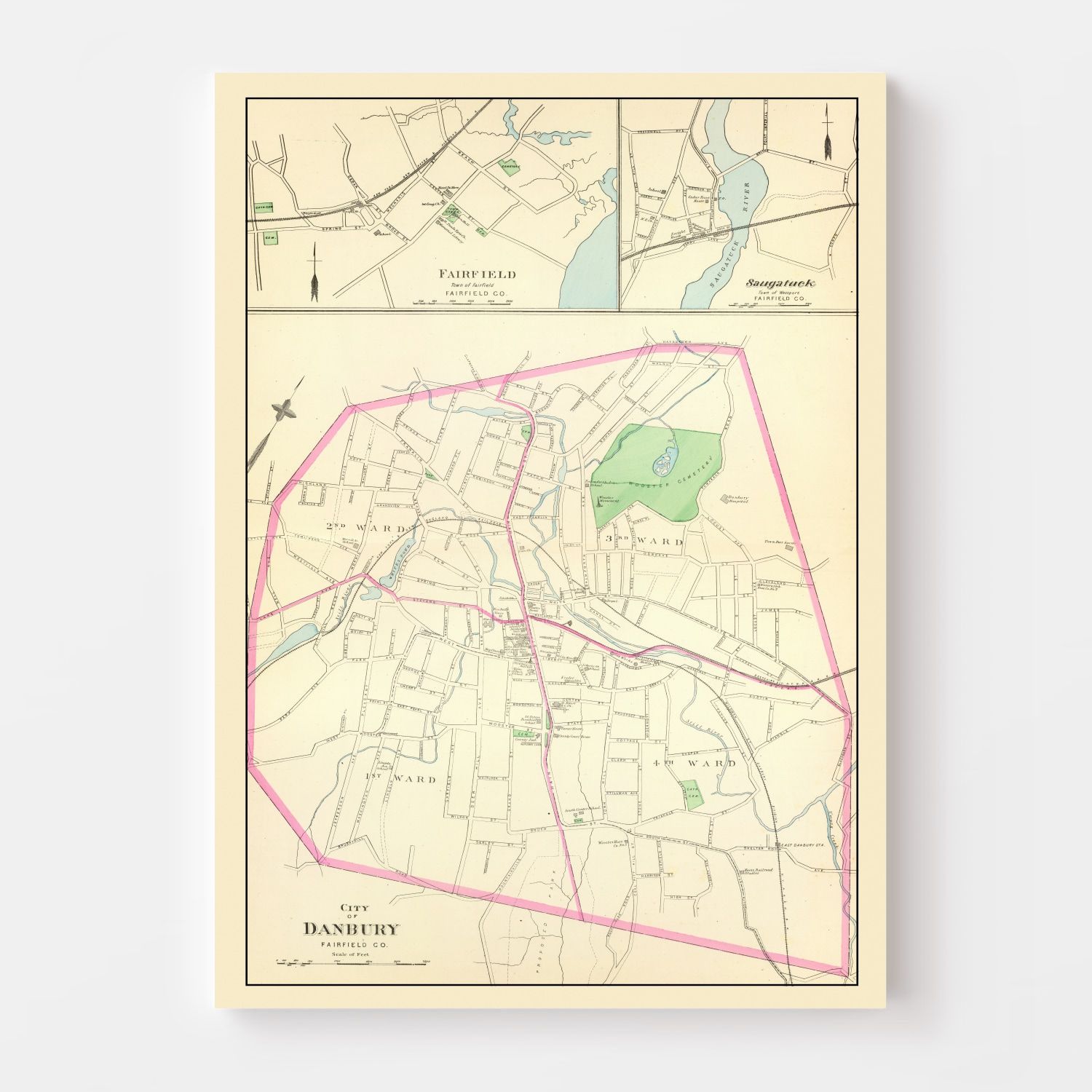 Vintage Map of Danbury, Connecticut 1893