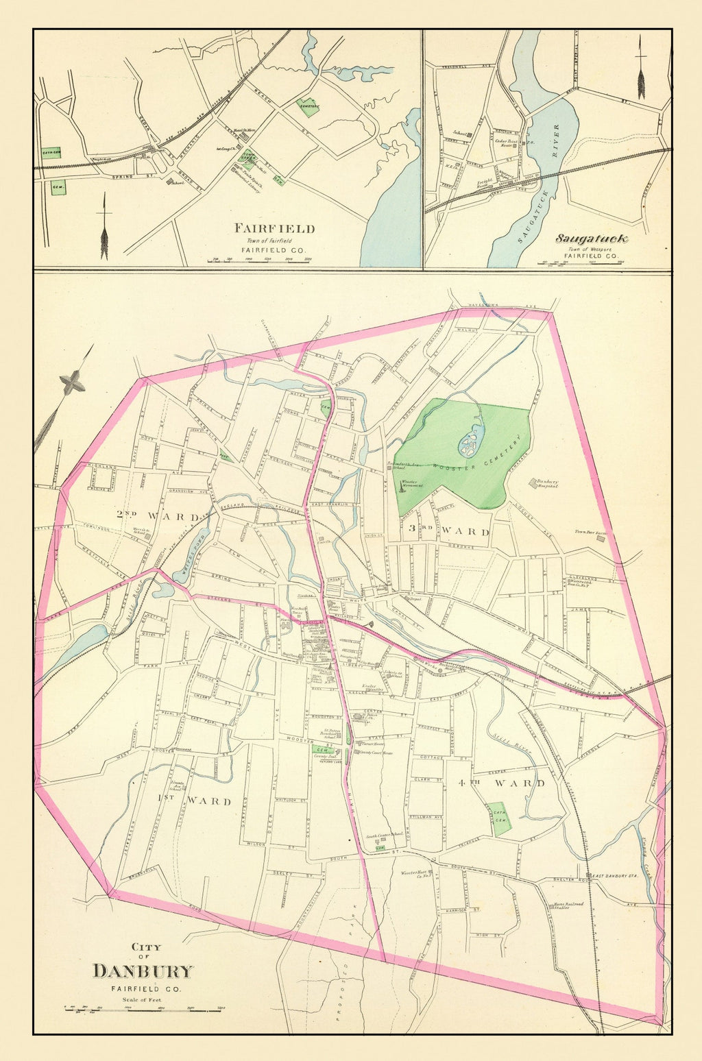 Vintage Map of Danbury, Connecticut 1893