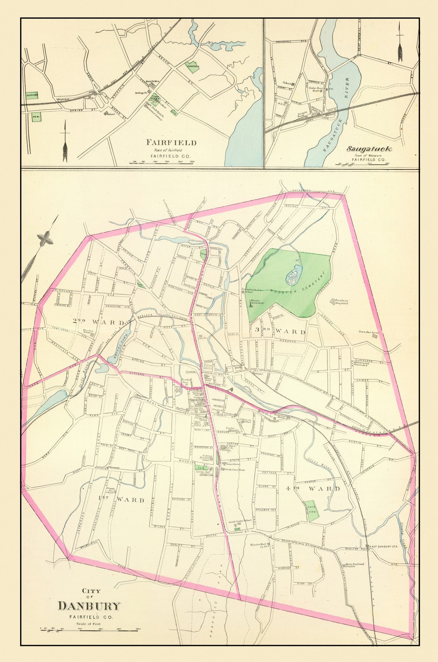 Vintage Map of Danbury, Connecticut 1893