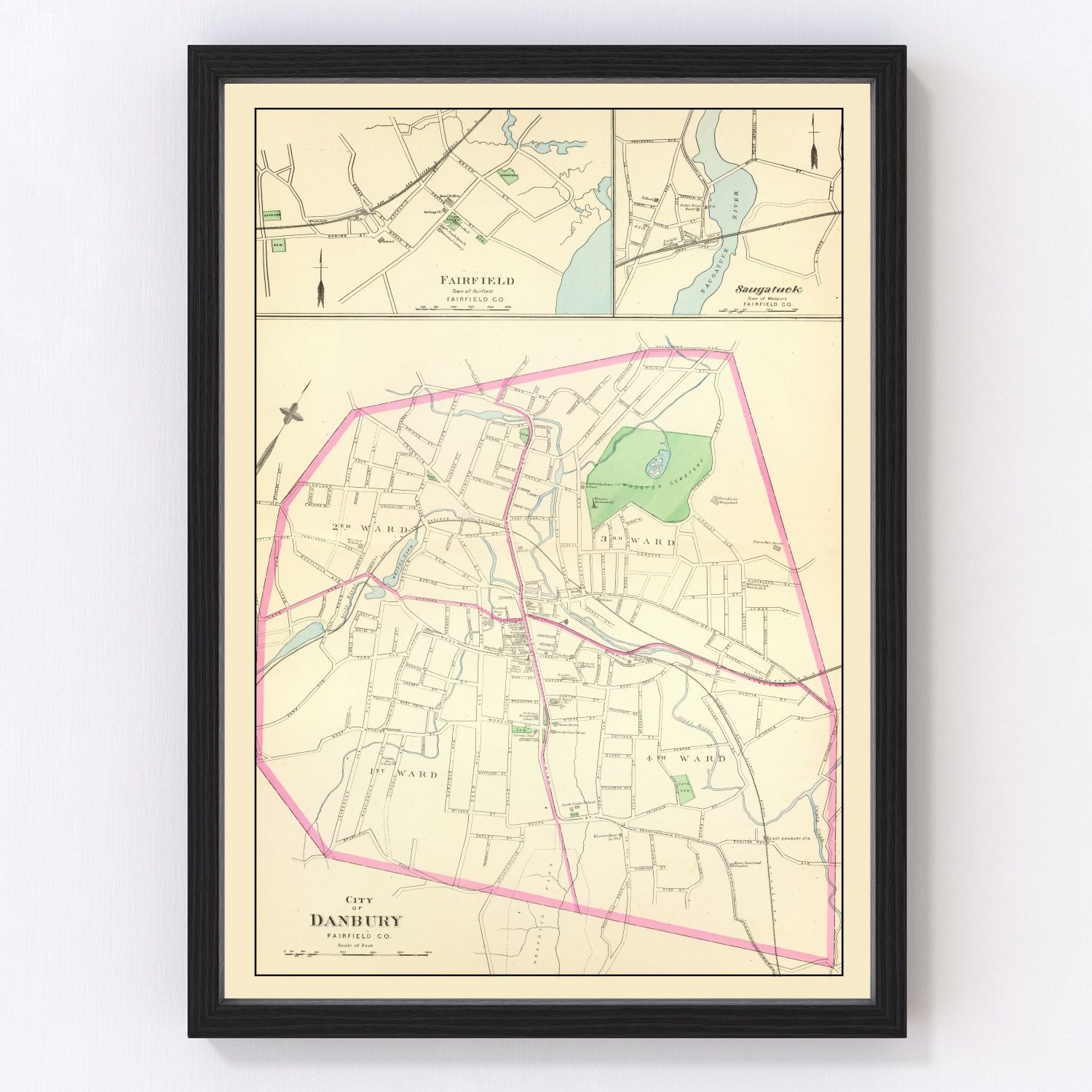 Vintage Map of Danbury, Connecticut 1893