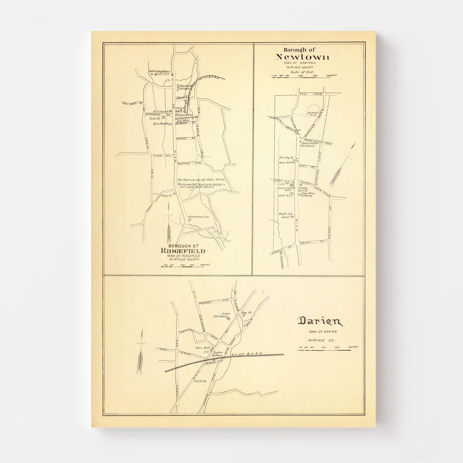 Vintage Map of Newtown, Connecticut 1893