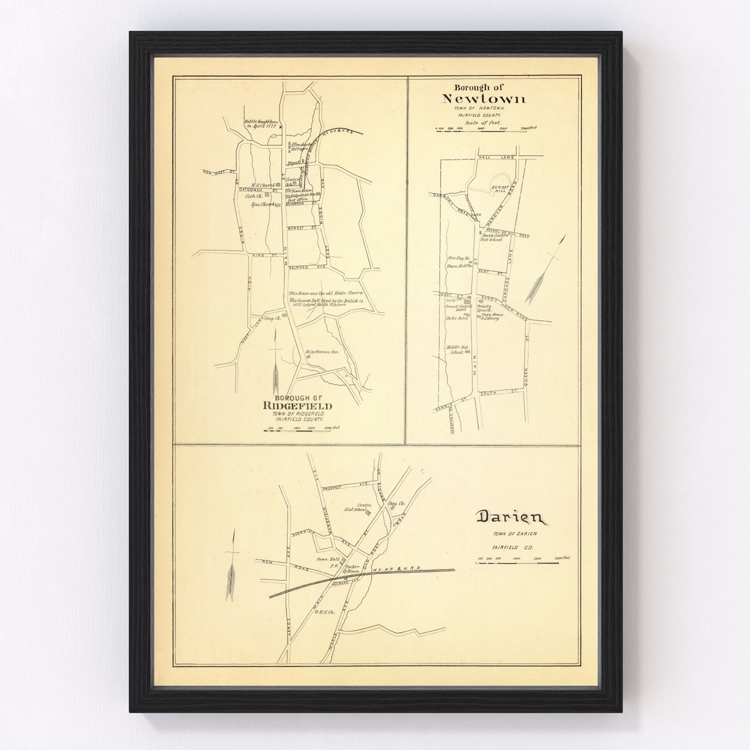 Vintage Map of Newtown, Connecticut 1893