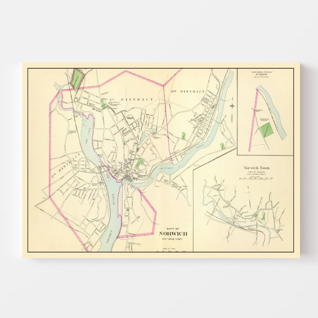 Vintage Map of Norwich, Connecticut 1893