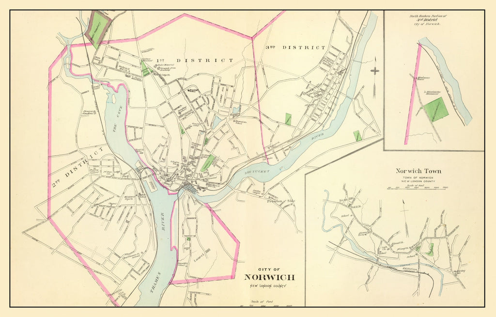 Vintage Map of Norwich, Connecticut 1893