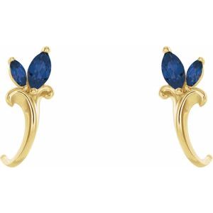 14K Yellow Gold Natural Blue Sapphire Floral J-Hoop Earrings