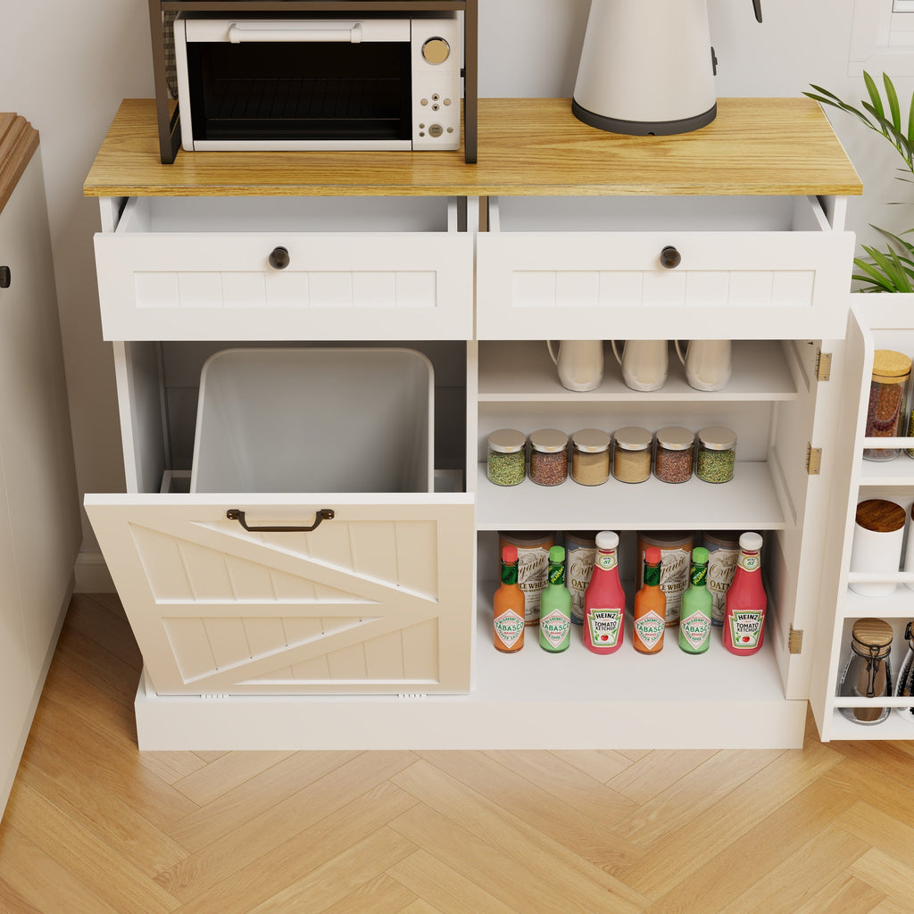 Kitchen Trash Can Storage Cabinet with 2 Drawers & 1 Tilt Out Trash Cabinet & 1 door with storage rack & 2 Shelves for Kitchen, Dinning Room, Living Room-White