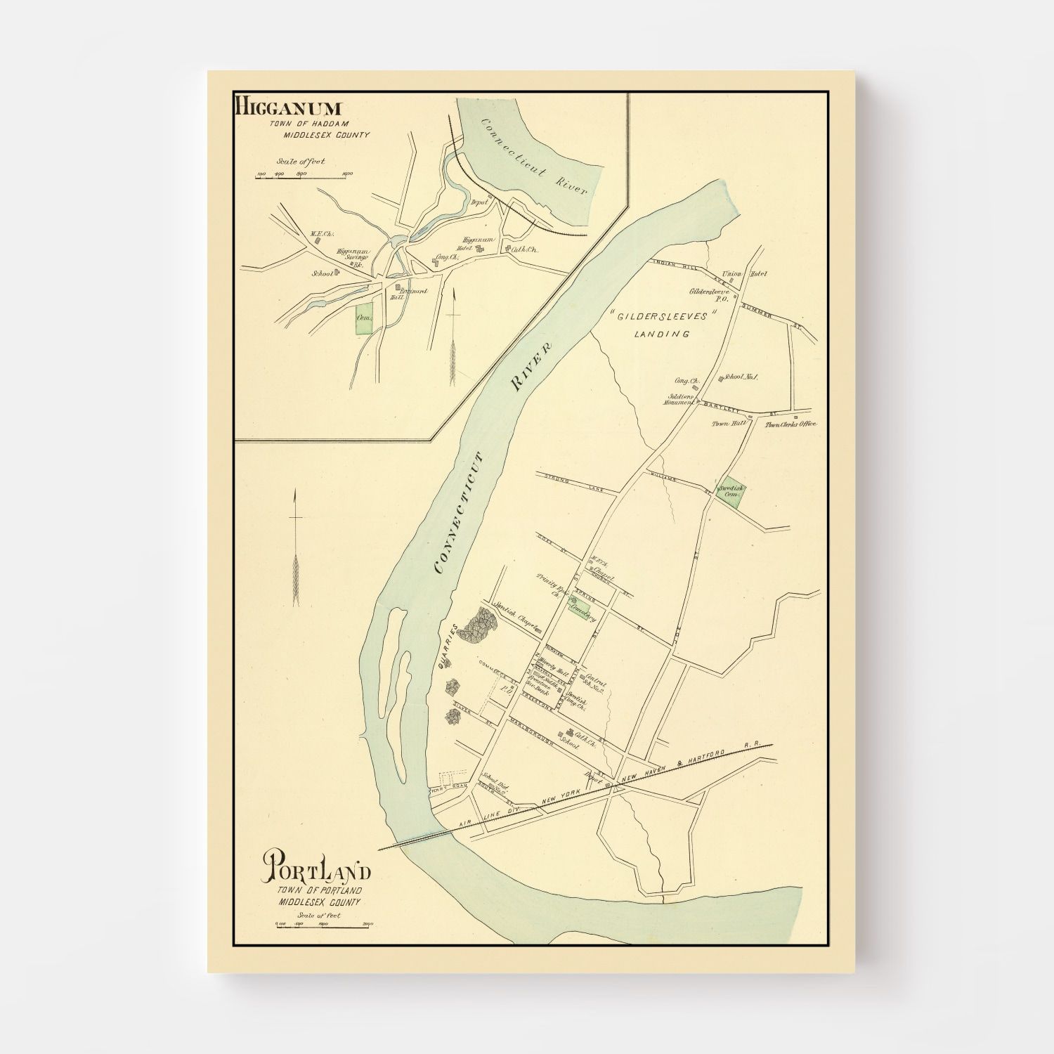 Vintage Map of Higganum, Connecticut 1893