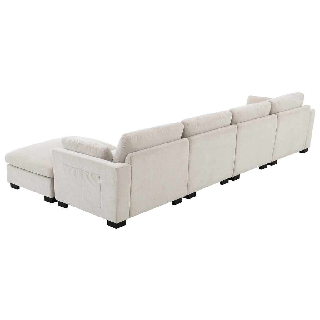 [VIDEO]130' Modular Sectional Sofa, L-Shape with Folding Table and Dual-Port Charging, Side Storage Pockets, 2 Armrest Pillows, Free Movement Ottoman, High Density Foam, Chenille, 5 Seat, 2 Colors