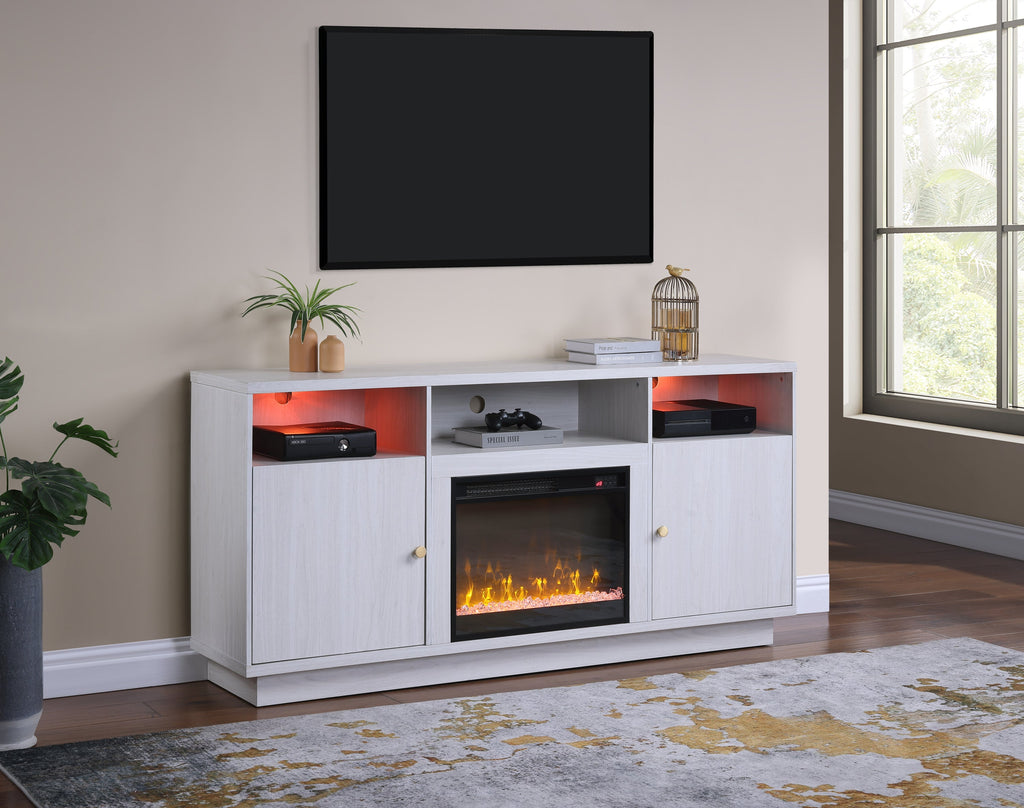 Ambrose 70'W White Walnut Finish Fireplace Console TV Stand with Heater, LED Light, Cabinets, Shelves