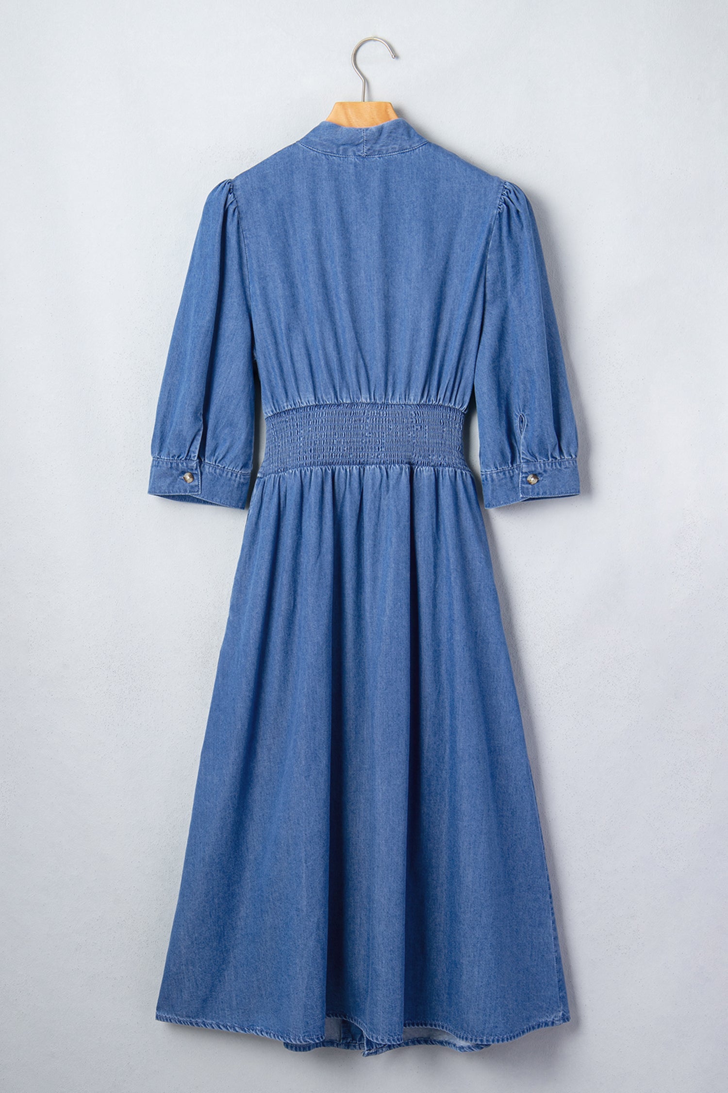 Denim Shirred Waist Zip-Up V-Neck Midi Dress