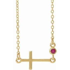 14K Yellow Gold Lab-Grown Ruby Sideways Cross 16-18" Necklace