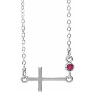 14K White Gold Lab-Grown Ruby Sideways Cross 16-18" Necklace
