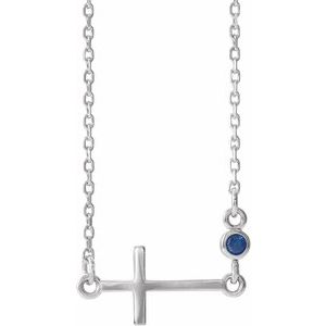 14K White Gold Lab-Grown Blue Sapphire Sideways Cross 16-18" Necklace