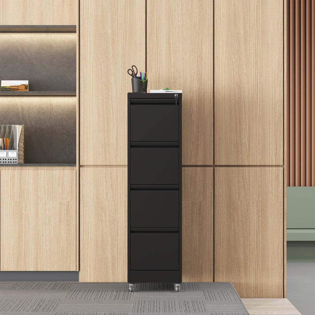 Black Heavy-Duty Metal 4 Drawer Locking Vertical File Cabinet with Wheels for Home & Office, 17.71'D x 15.16'W x 52.28'H