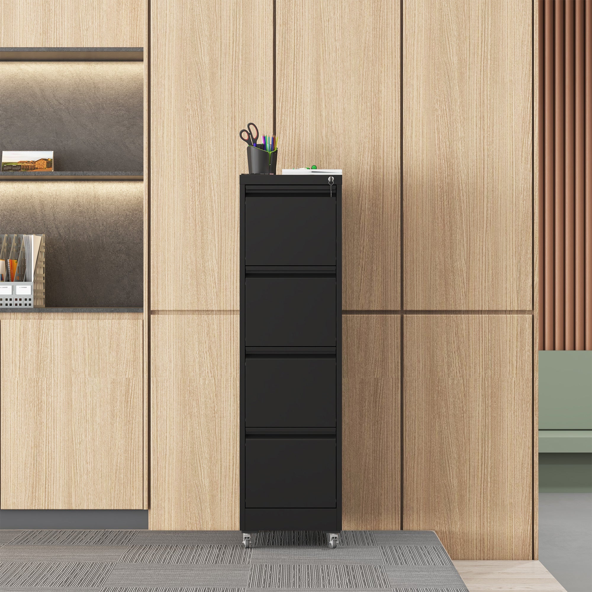 Black Heavy-Duty Metal 4 Drawer Locking Vertical File Cabinet with Wheels for Home & Office, 17.71'D x 15.16'W x 52.28'H