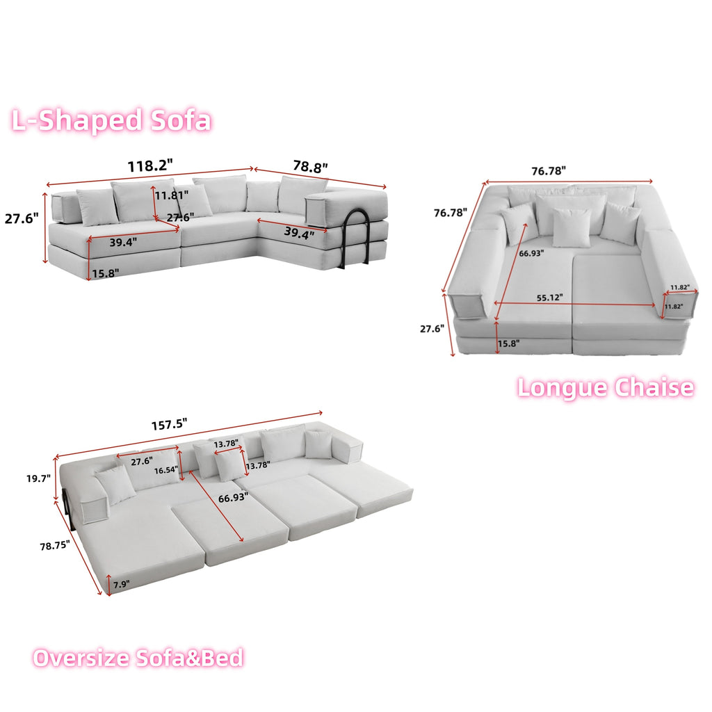Oversized Upholstered Sectional Sofa Couch Set, Modular 118.2 ' L Shaped Floor Living Room Sofa Set With 6 Pillows, DIY Combination Sofa Couch for living rooms, apartments,bedrooms, White
