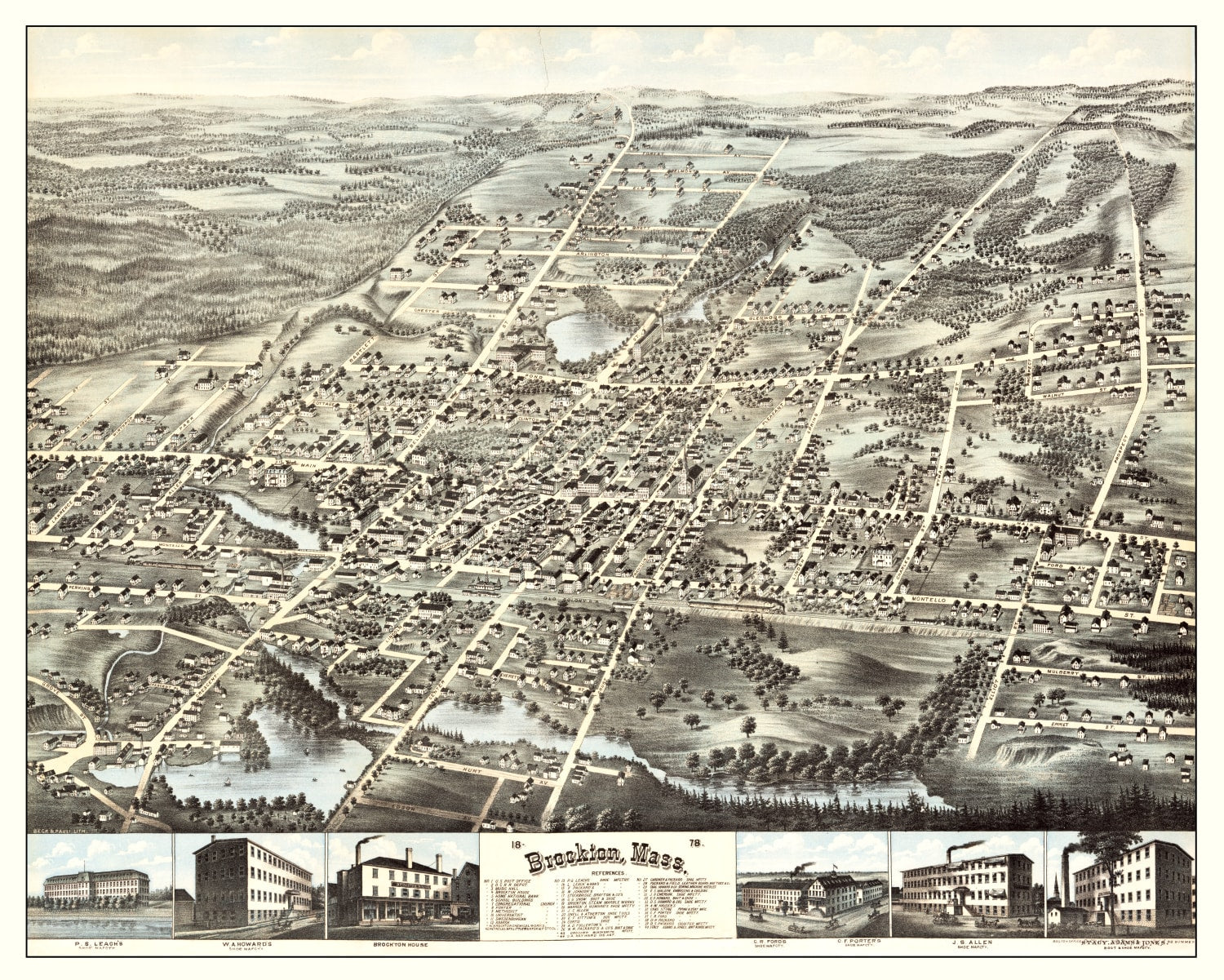 Vintage Map of Brockton, Massachusetts 1878