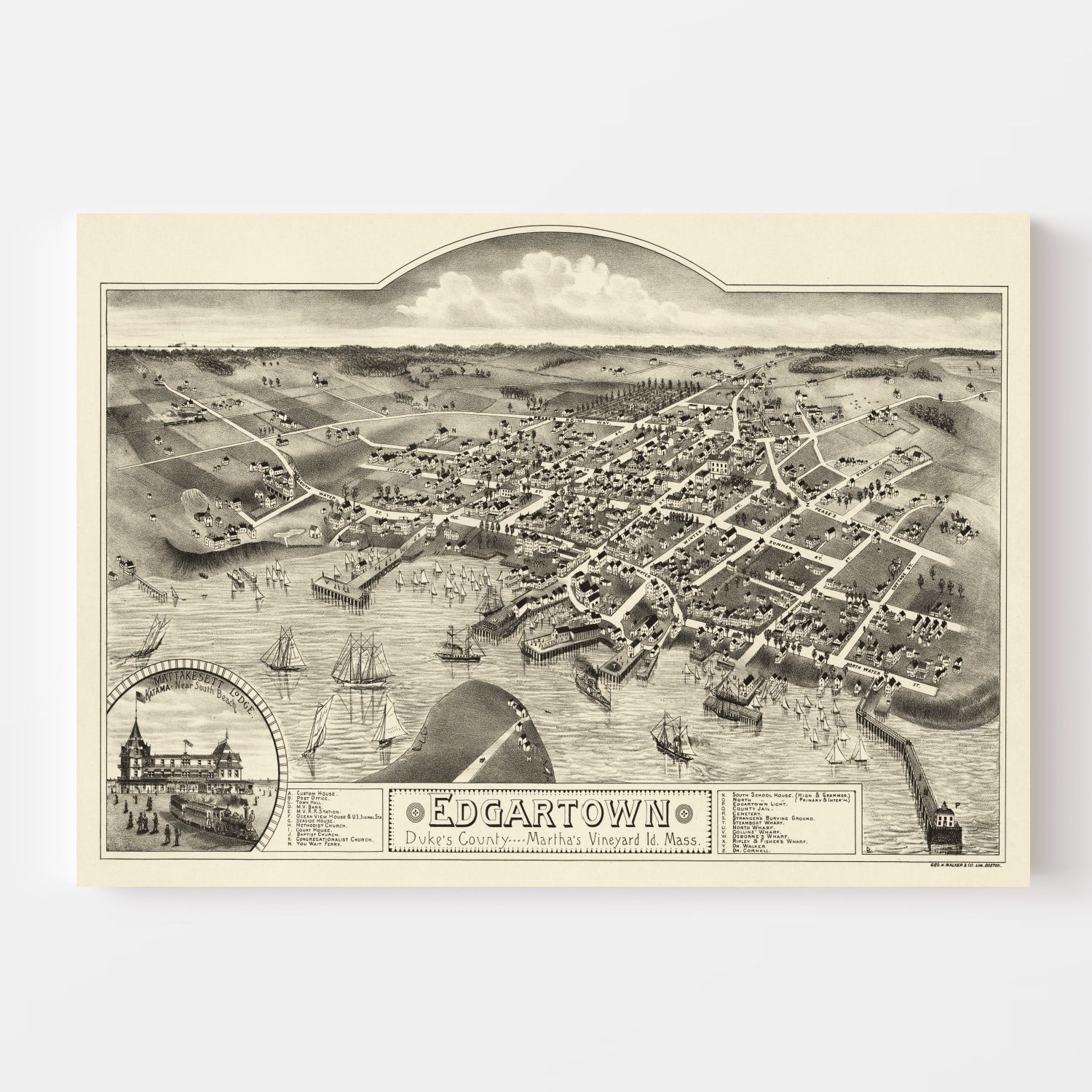 Vintage Map of Edgartown, Massachusetts 1886