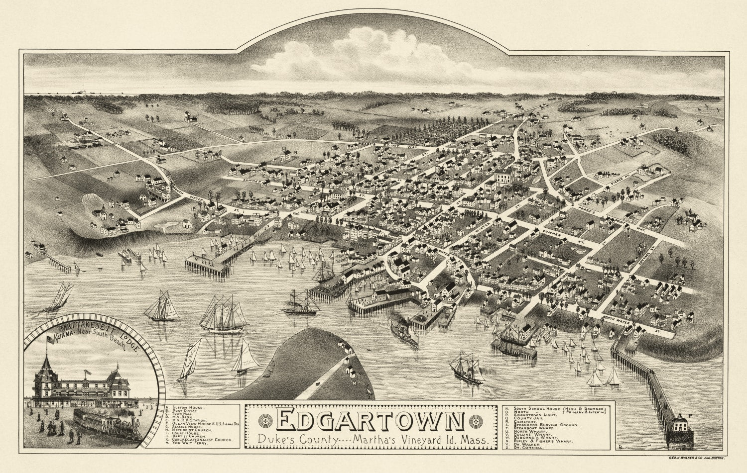 Vintage Map of Edgartown, Massachusetts 1886