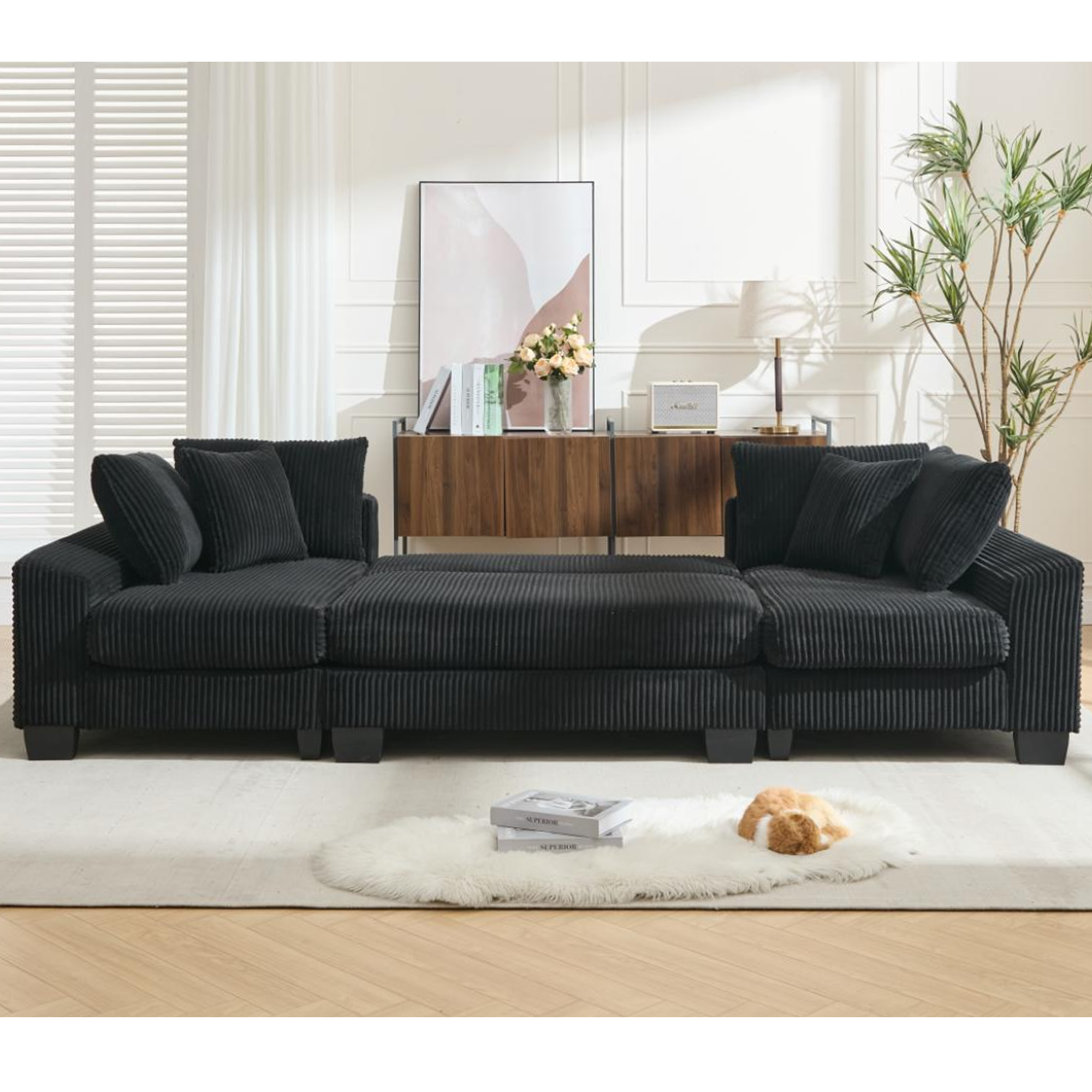 [NEW ARRIVED] [VIDEO PROVIDED]   114' Sleeper Sofa,U Shaped Sofa , Pull Out Bed,Convertible Oversize 2 in 1 Sleeper Sofa, Living Room,Upholstery Sofa Bed,Adjustable Sleeper Sofa,Corduroy,Black