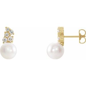 14K Yellow Gold Cultured White Freshwater Pearl & 3/8 CTW Natural Diamond Earrings