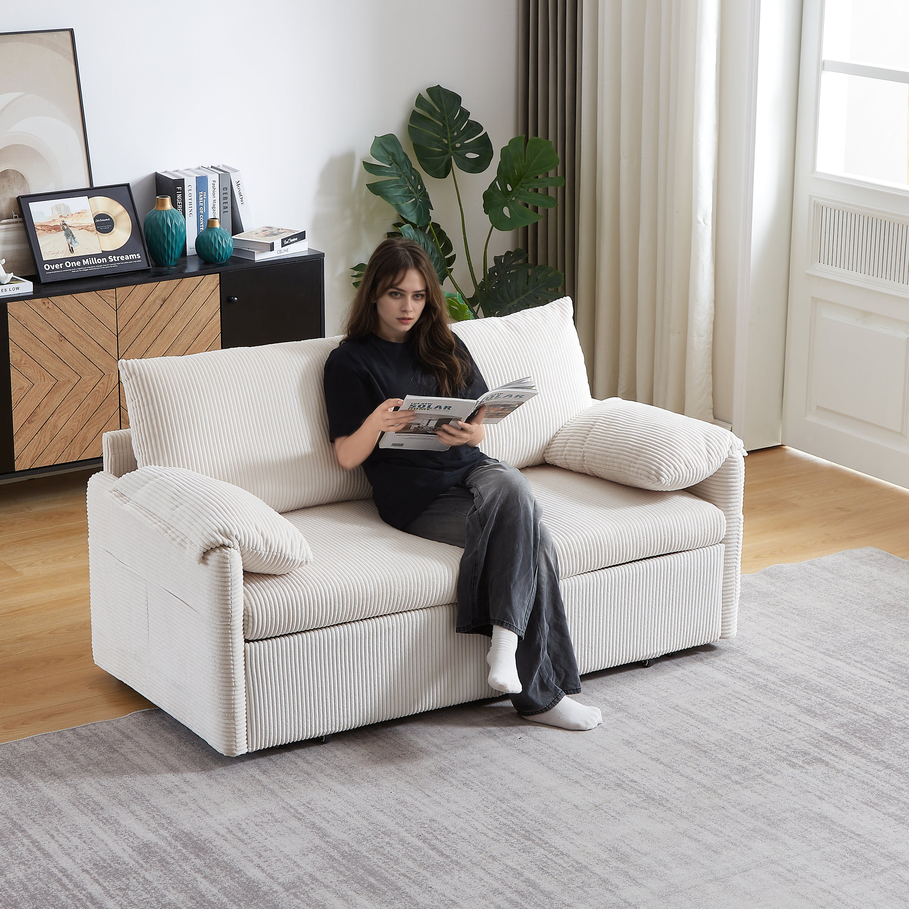 MH'' 64.5 Inch Sleeper Sofa Bed  3-in-1 Adjustable Sleeper with Pullout Bed   2 Pillows and Side Pockets  Soft Corduroy Convertible Sleeper Sofa Bed for Living Room Bedroom Apartment Office