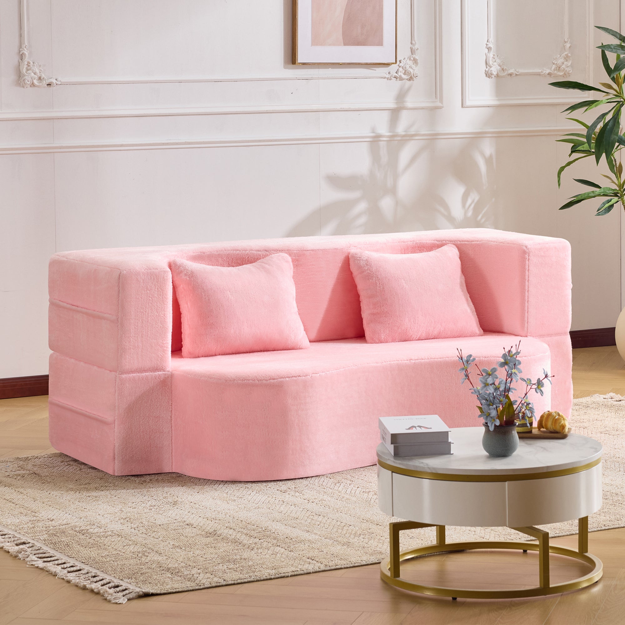 71-inch folding sofa bed, chenille futon sofa bed, high-density foam convertible sofa bed, folding floor sofa bed for living room, guest room, bedroom, pink