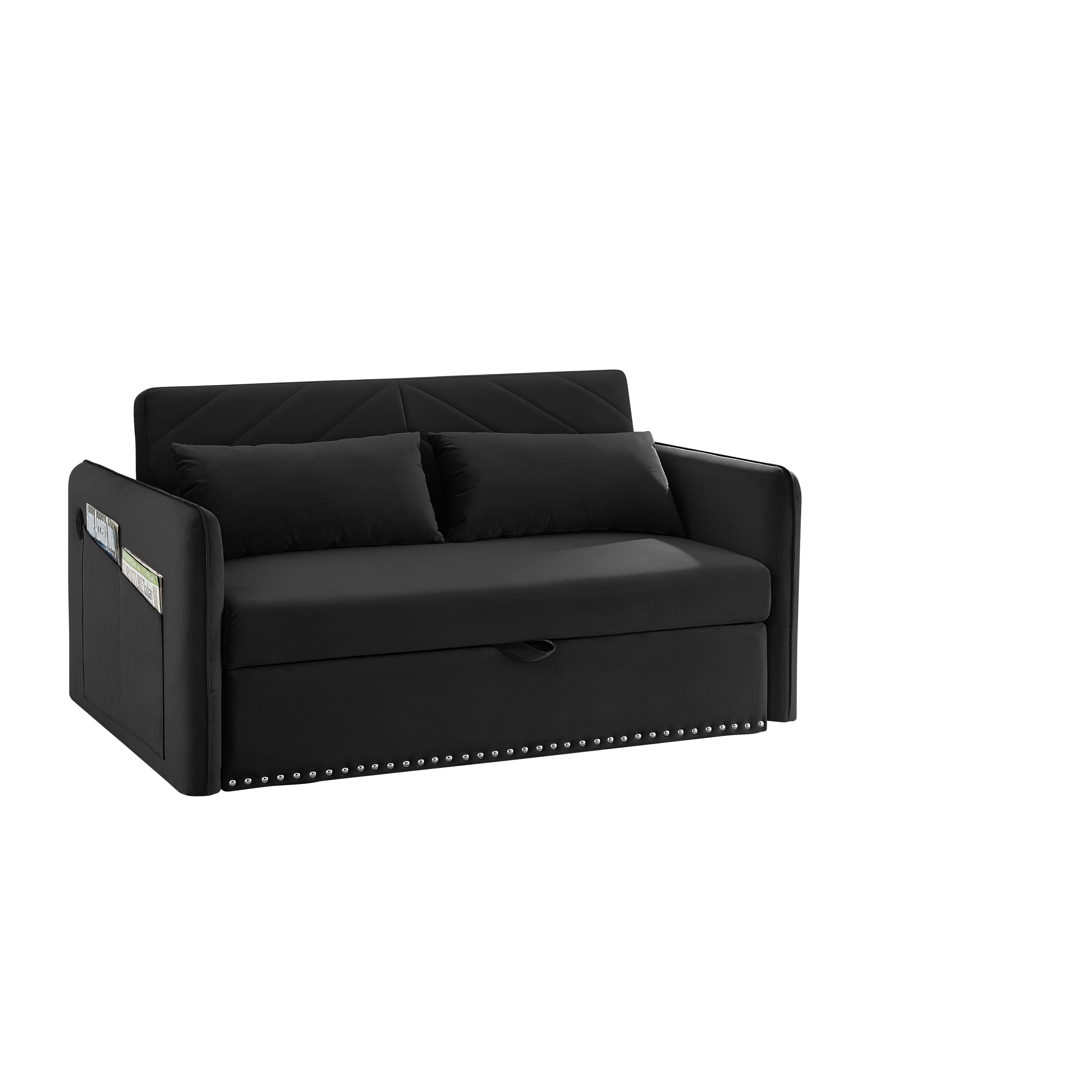 MH' Sleeper Sofa Bed w/USB Port, 3-in-1 adjustable sleeper with pull-out bed, 2 lumbar pillows and side pocket, soft velvet convertible sleeper sofa bed, suitable for living room bedroom
