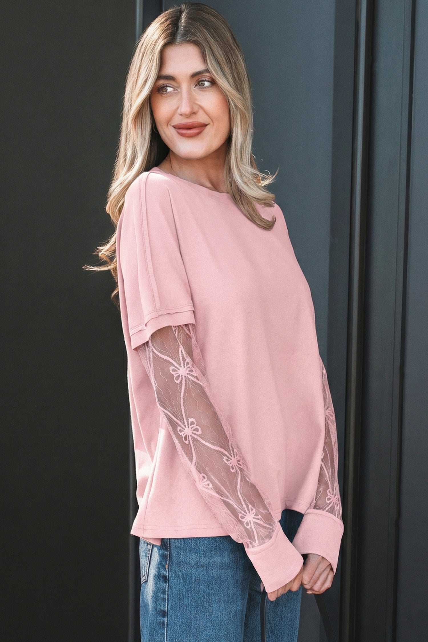 Bow Mesh Patchwork Long Sleeve Tee