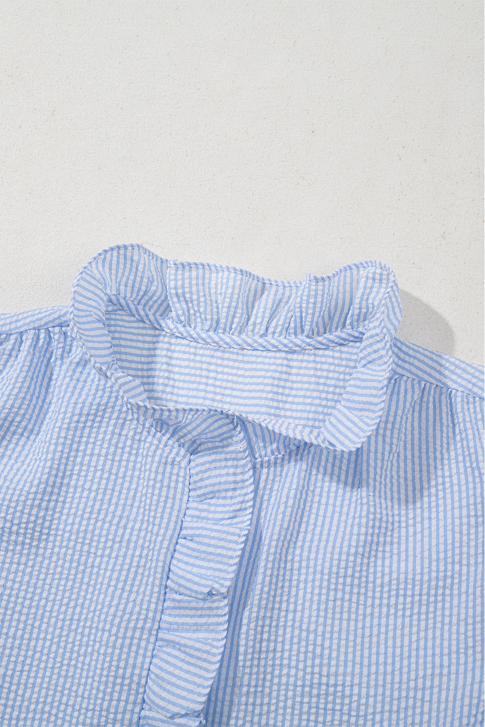Stripe Ruffle Short Bubble Sleeve Loose Fit Shirt
