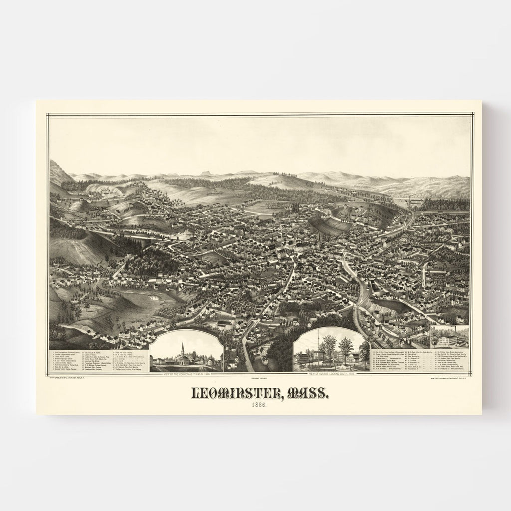 Vintage Map of Leominster, Massachusetts 1886