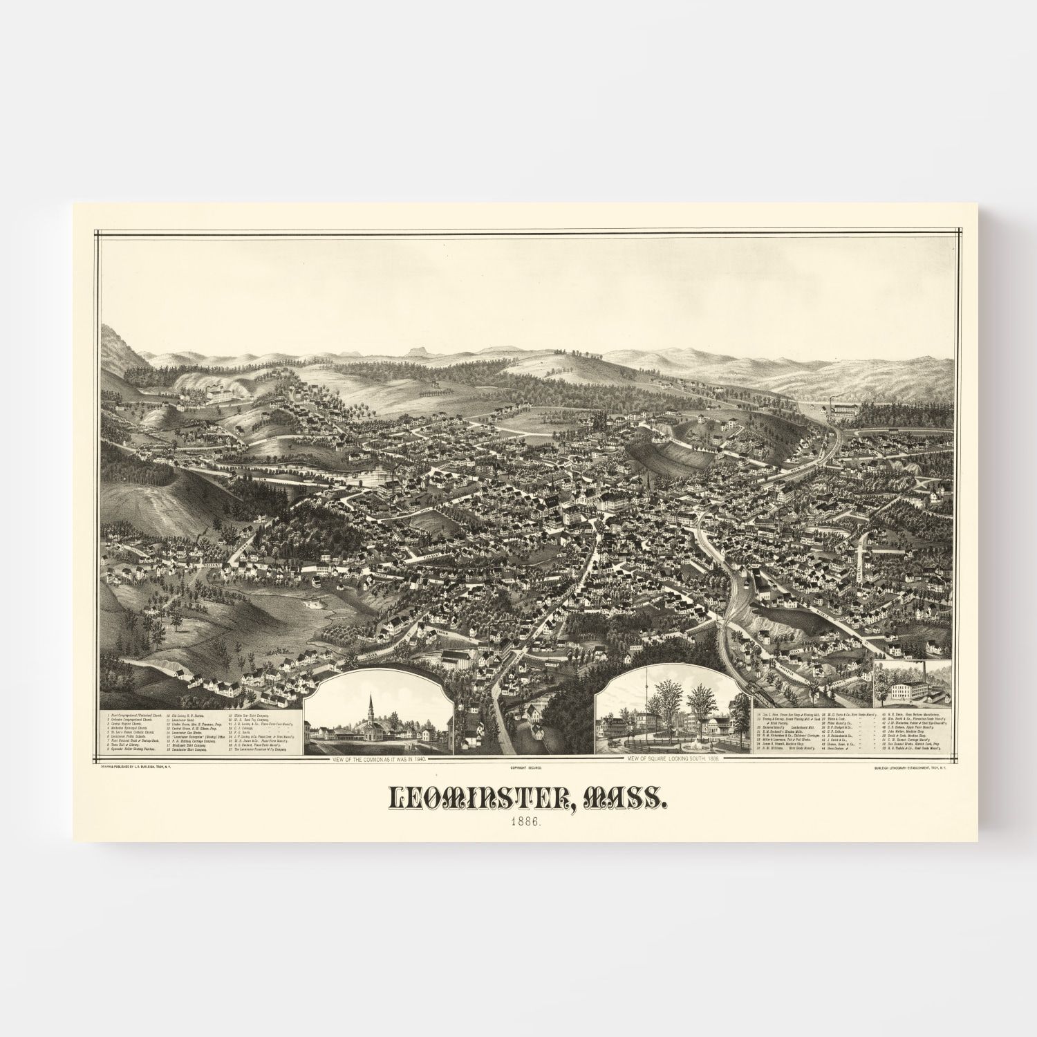 Vintage Map of Leominster, Massachusetts 1886