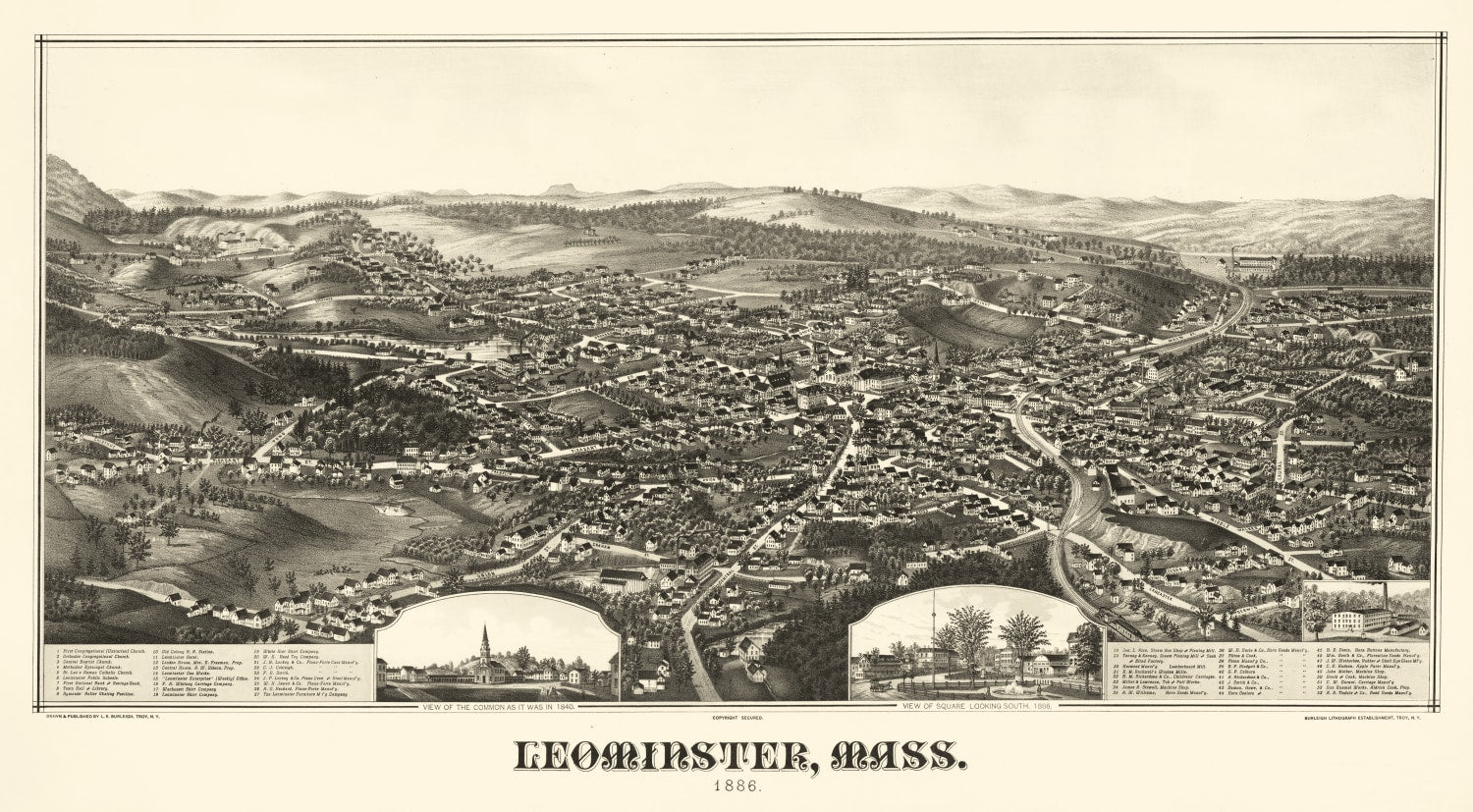 Vintage Map of Leominster, Massachusetts 1886