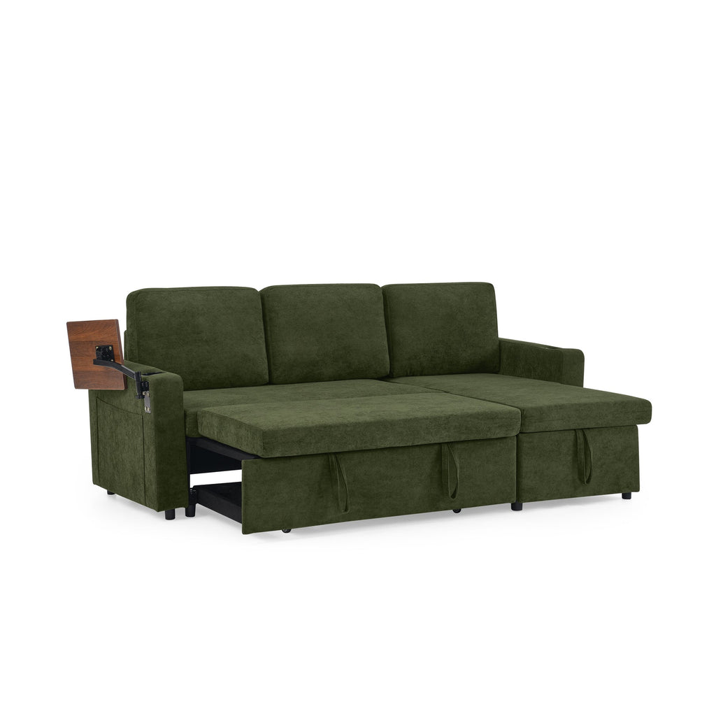 Modern Chenille Multi-functional Pull-Out Bed Sofa with Retractable Table and LED Lighting, USB Charging Ports and Cup Holders, Green
